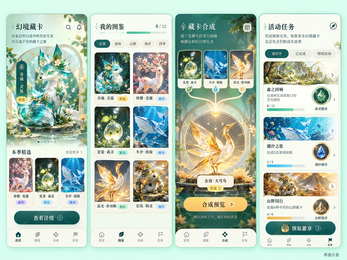 集卡与合成:卡册收集 / 合成进阶 / 活动任务,产品界面设计示例