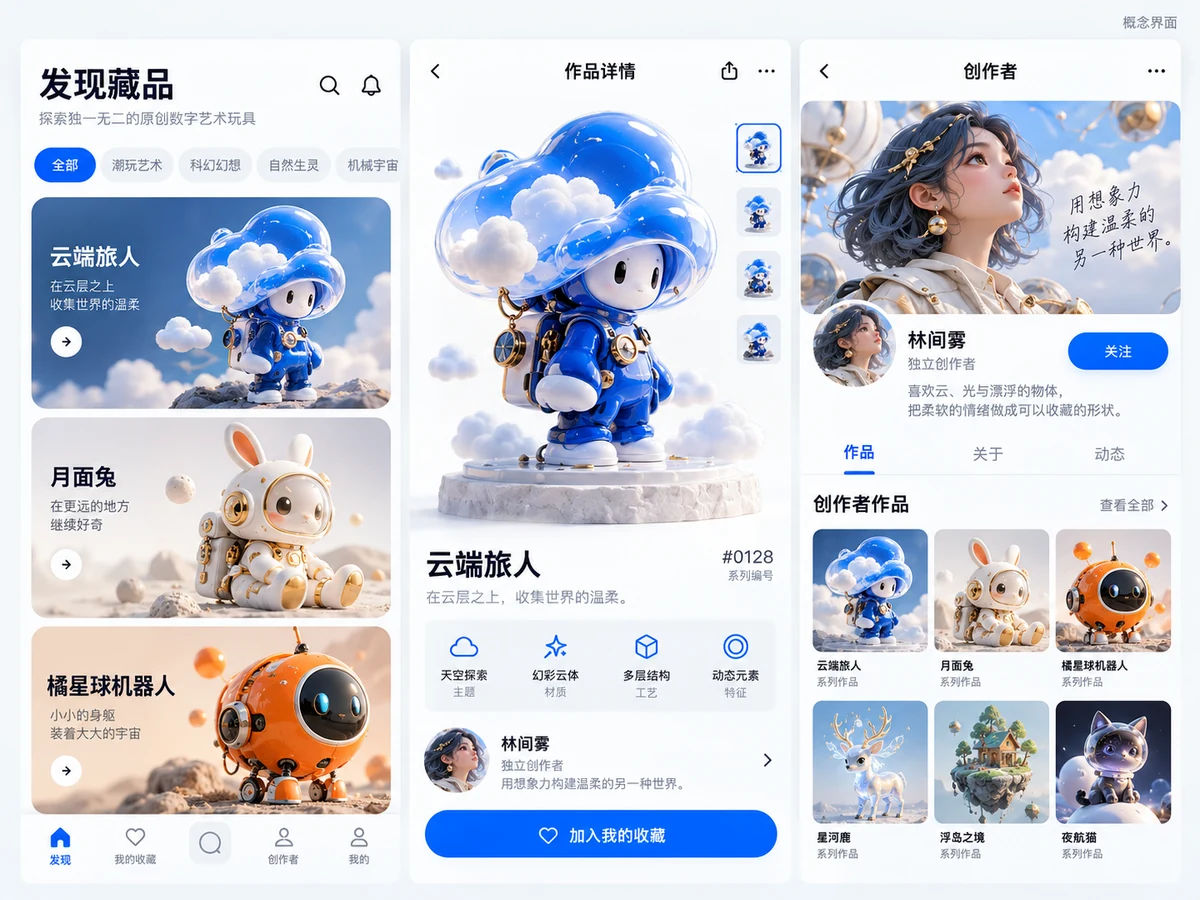 创作者 IP 藏品:IP 展馆 / 创作者主页 / 系列收藏,产品界面设计示例