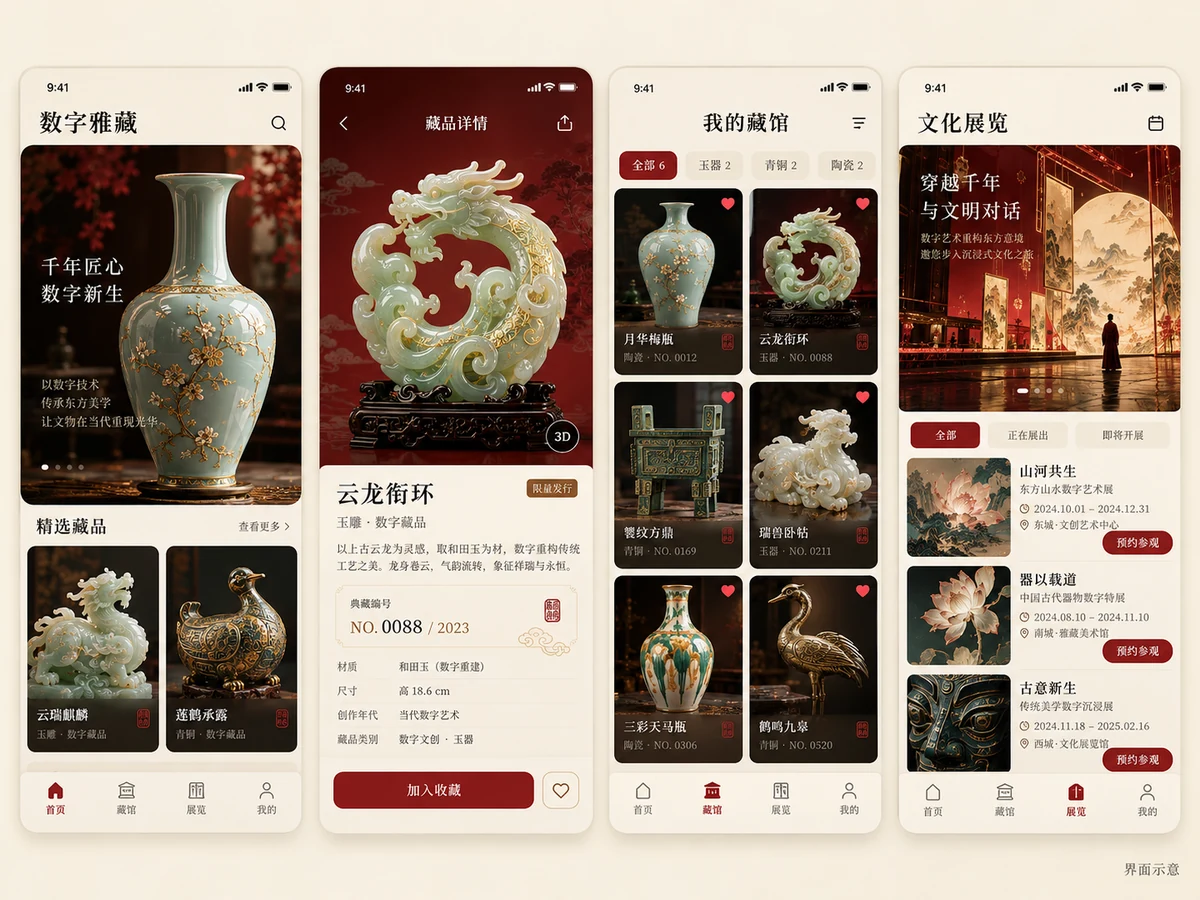 文博数字藏品:馆藏发现 / 藏品详情 / 数字藏柜,产品界面设计示例